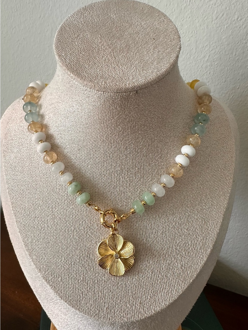 Gold Floral Pendant Beaded Necklace in White, Green and Champagne